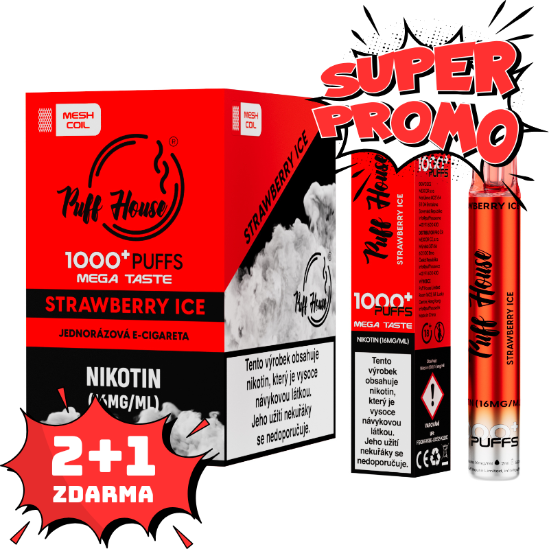 Jednorázová e-cigareta Puff House 1000+ potáhnutí, Strawberry Ice, 2+1 ZDARMA