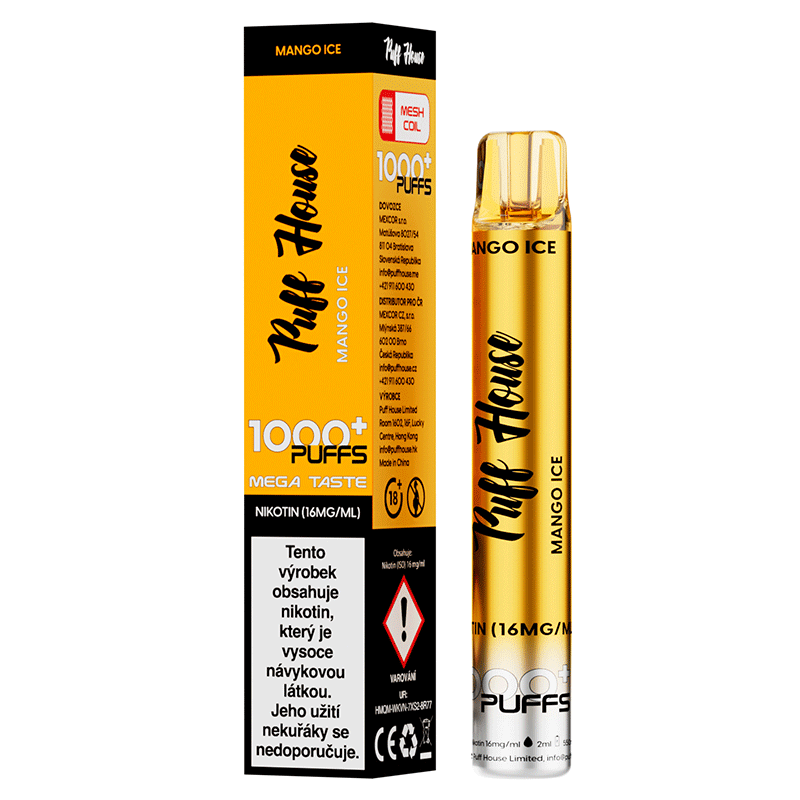 Jednorázová e-cigareta Puff House 1000+ potáhnutí, Mango Ice