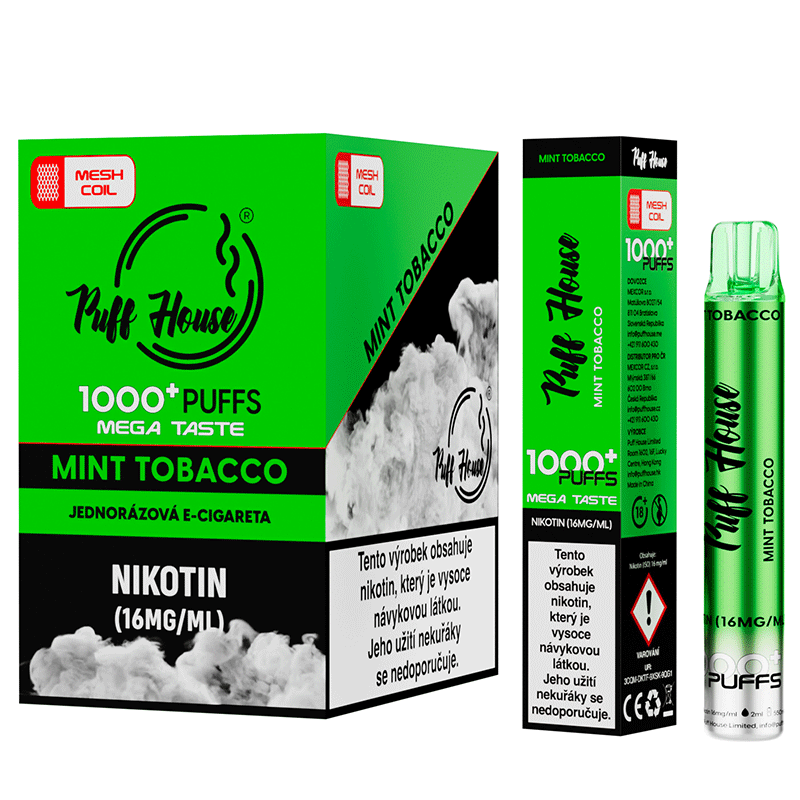 Jednorázová e-cigareta Puff House 1000+ potáhnutí, Mint Tobacco