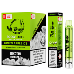 Jednorázová e-cigareta Puff House 1000+ potáhnutí, Green Apple Ice