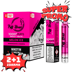 Jednorázová e-cigareta Puff House 1000+ potáhnutí, Melon Ice, 2+1 ZDARMA