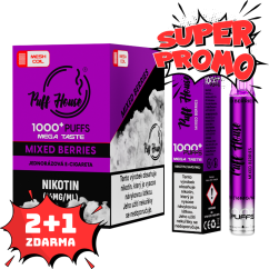 Jednorázová e-cigareta Puff House 1000+ potáhnutí, Mixed Berries, 2+1 ZDARMA