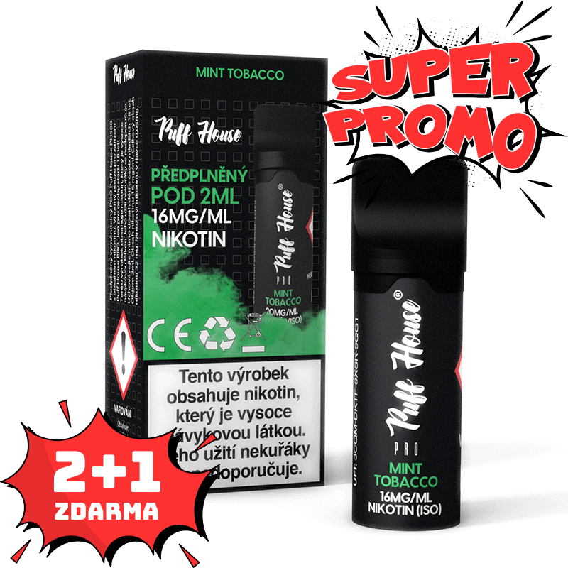 Wstępnie napełniony POD Puff House, Mint Tobacco, Nikotyna 16 mg/ml, 2+1 FREE