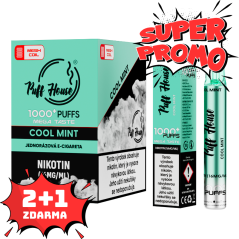 Jednorázová e-cigareta Puff House 1000+ potáhnutí, Cool Mint, 2+1 ZDARMA