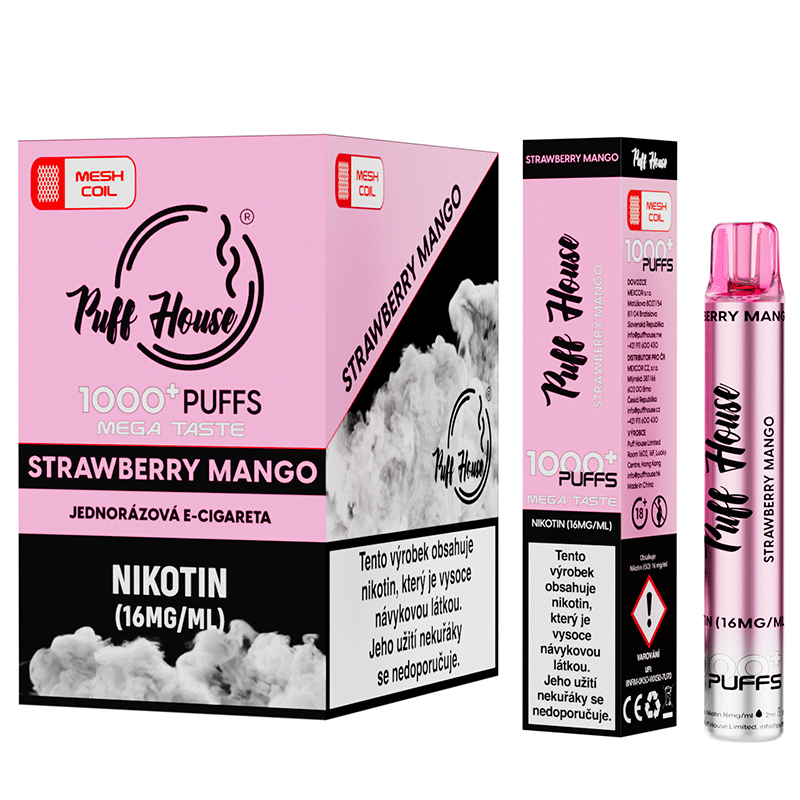Jednorázová e-cigareta Puff House 1000+ potáhnutí, Strawberry Mango