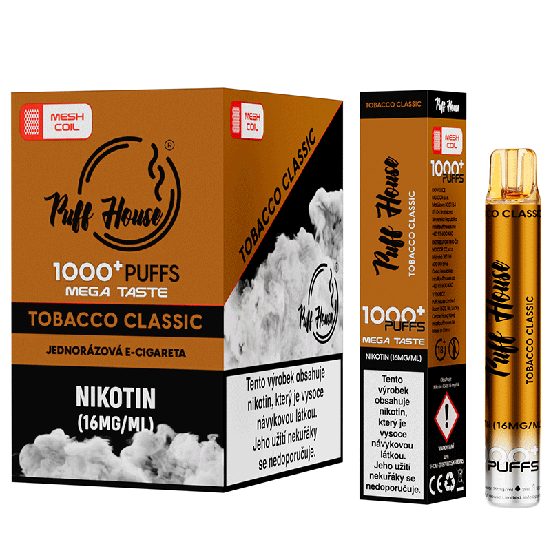 Jednorázová e-cigareta Puff House 1000+ potáhnutí, Tobacco Classic