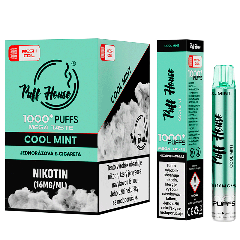 Jednorázová e-cigareta Puff House 1000+ potáhnutí, Cool Mint