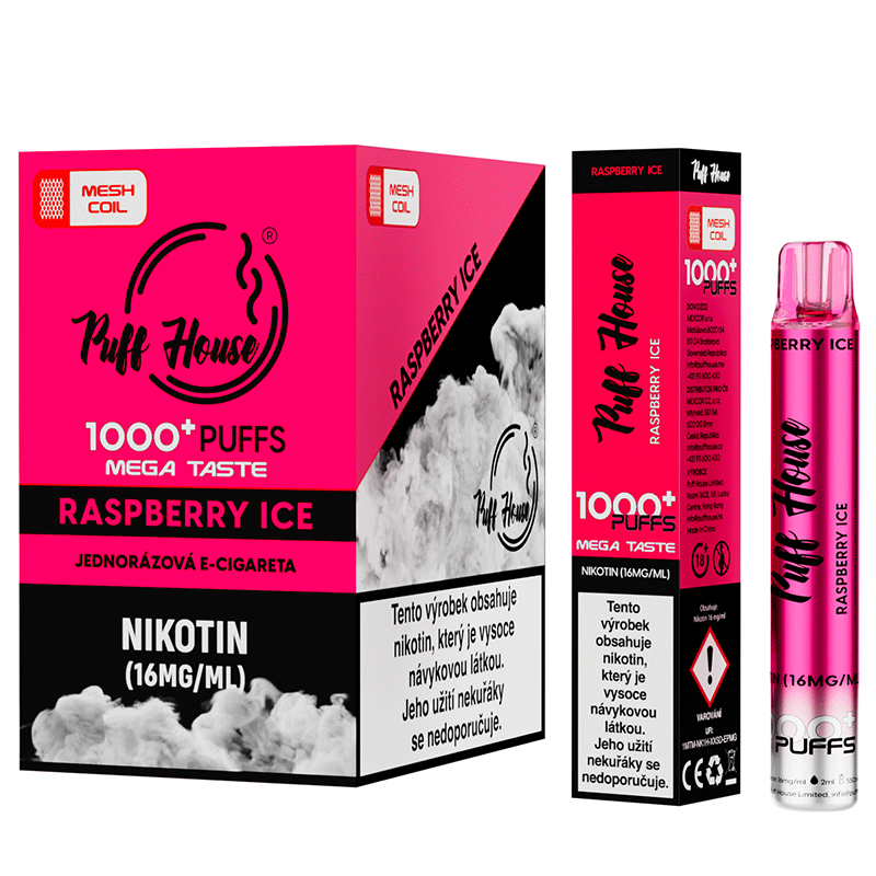 Jednorázová e-cigareta Puff House 1000+ potáhnutí, Raspberry Ice