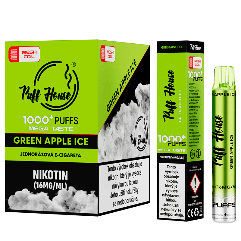 Jednorázová e-cigareta Puff House 1000+ potáhnutí, Green Apple Ice