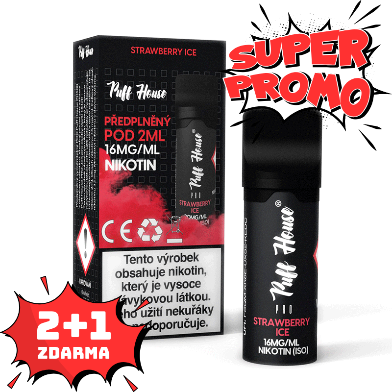 Wstępnie napełniony POD Puff House, Strawberry Ice, Nikotyna 16 mg/ml, 2+1 FREE
