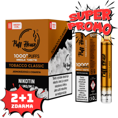 Jednorázová e-cigareta Puff House 1000+ potáhnutí, Tobacco Classic, 2+1 ZDARMA