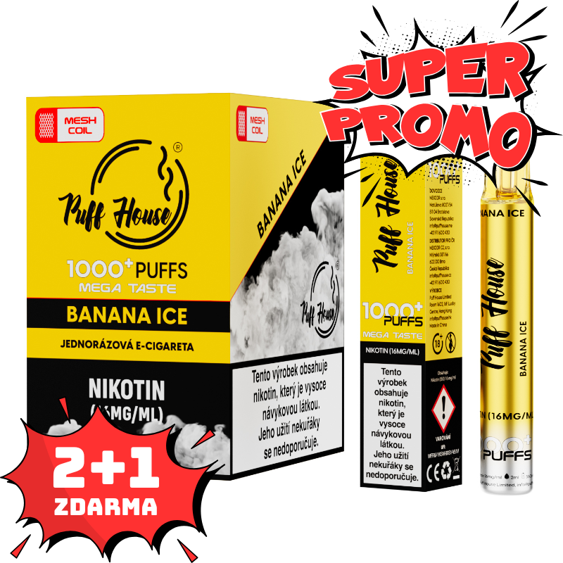 Disposable e-cigarette Puff House, Banana Ice 1000 Puffs, 2+1 FREE