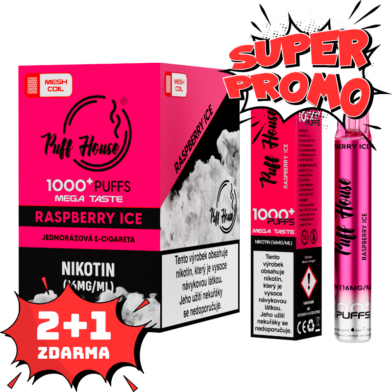 Jednorázová e-cigareta Puff House 1000+ potáhnutí, Raspberry Ice, 2+1 ZDARMA