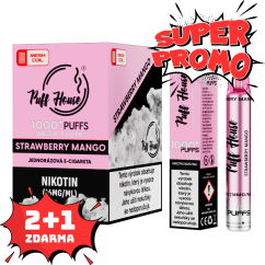 Jednorázová e-cigareta Puff House 1000+ potáhnutí, Strawberry Mango, 2+1 ZDARMA