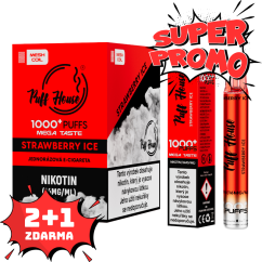 Jednorázová e-cigareta Puff House 1000+ potáhnutí, Strawberry Ice, 2+1 ZDARMA