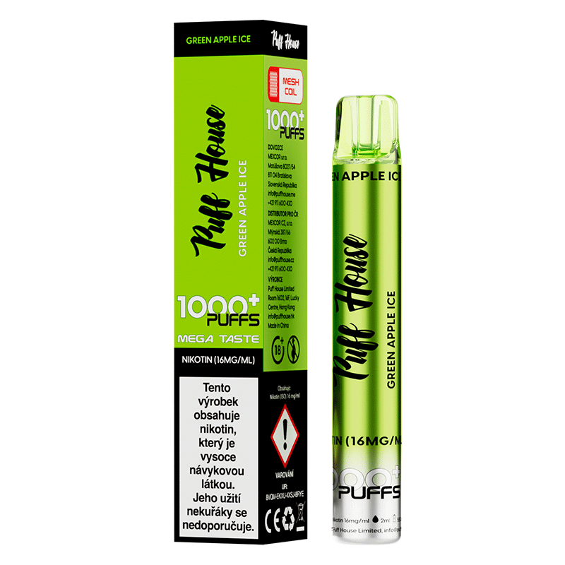 Jednorázová e-cigareta Puff House 1000+ potáhnutí, Green Apple Ice, 2+1 ZDARMA