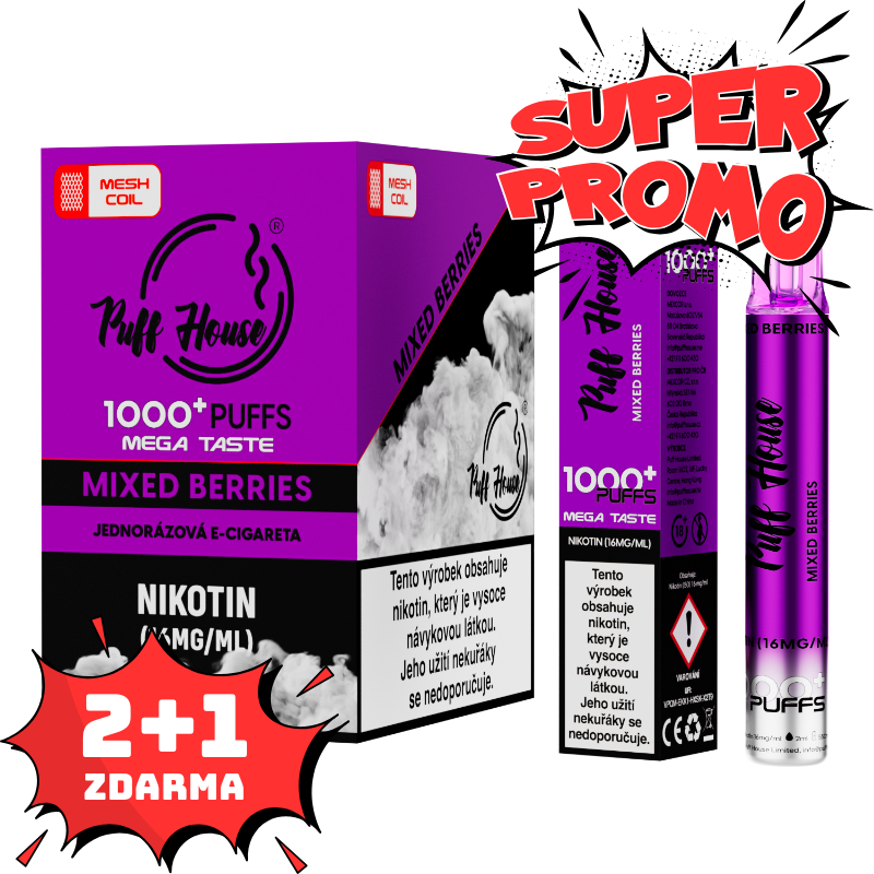 Jednorázová e-cigareta Puff House 1000+ potáhnutí, Mixed Berries, 2+1 ZDARMA