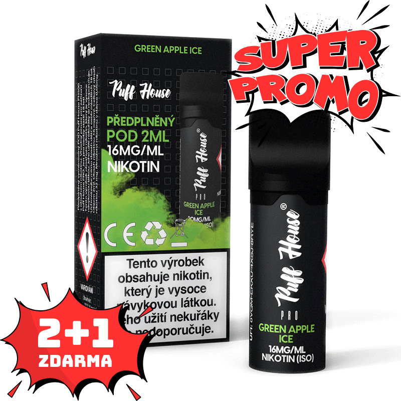 Wstępnie napełniony POD Puff House, Green Apple Ice, Nikotyna 16 mg/ml, 2+1 FREE