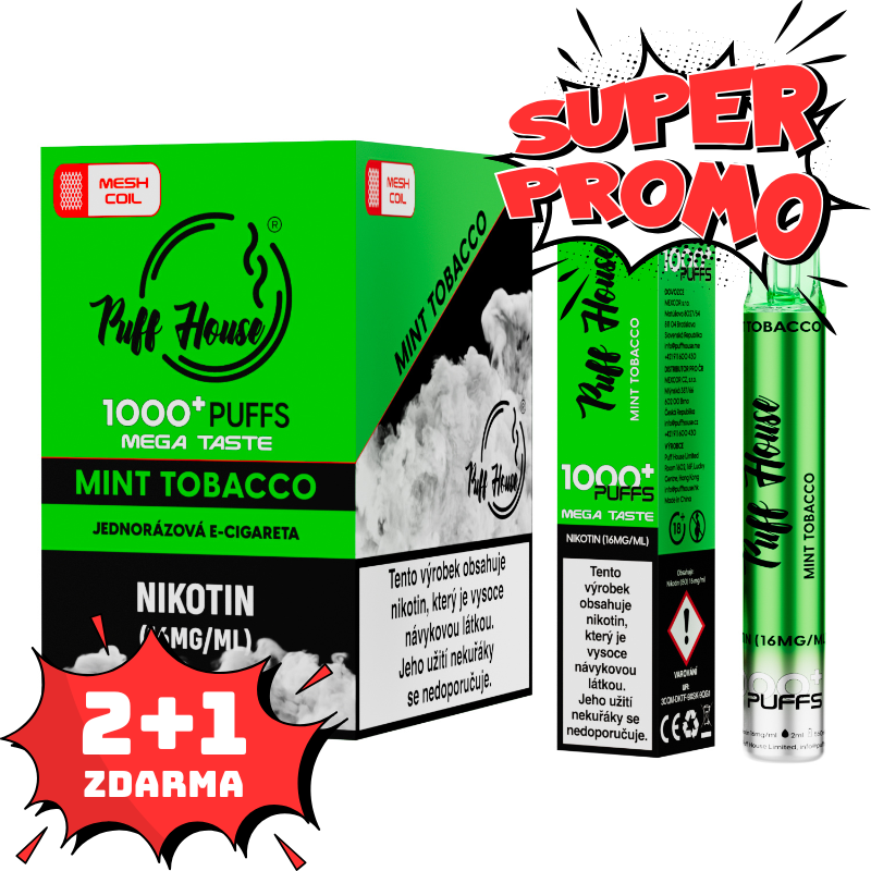 Jednorázová e-cigareta Puff House 1000+ potáhnutí, Mint Tobacco, 2+1 ZDARMA