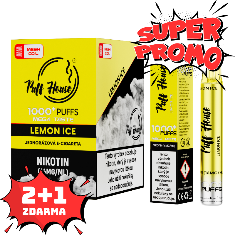 Jednorázová e-cigareta Puff House 1000+ potáhnutí, Lemon Ice, 2+1 ZDARMA