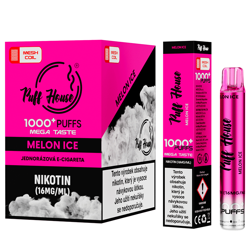 Jednorázová e-cigareta Puff House 1000+ potáhnutí, Melon Ice