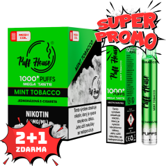Jednorázová e-cigareta Puff House 1000+ potáhnutí, Mint Tobacco, 2+1 ZDARMA