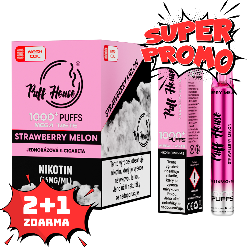 Jednorázová e-cigareta Puff House 1000+ potáhnutí, Strawberry Melon, 2+1 ZDARMA