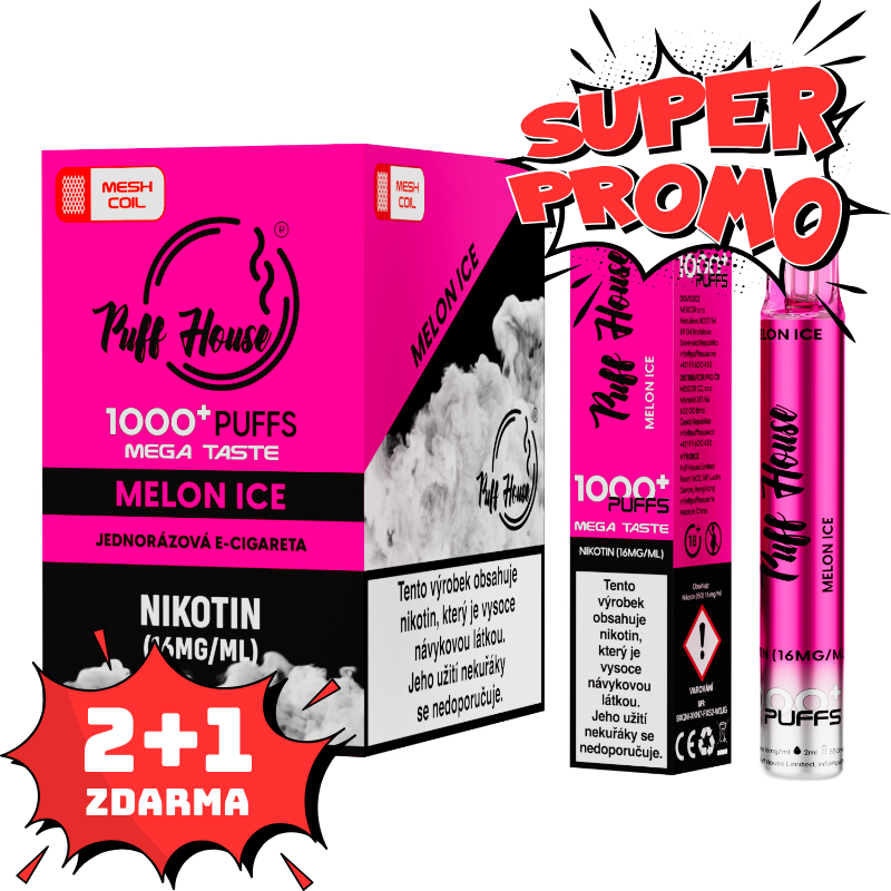 Jednorázová e-cigareta Puff House 1000+ potáhnutí, Melon Ice, 2+1 ZDARMA
