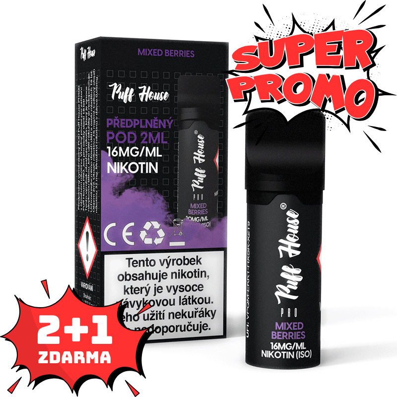 Prefilled POD Puff House, Mixed Berries, Nikotine 16 mg/ml, 2+1 FREE