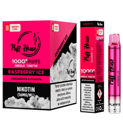 Jednorázová e-cigareta Puff House 1000+ potáhnutí, Raspberry Ice
