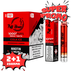 Jednorázová e-cigareta Puff House 1000+ potáhnutí, Cola Ice, 2+1 ZDARMA