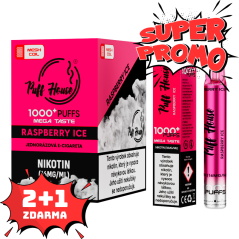 Jednorázová e-cigareta Puff House 1000+ potáhnutí, Raspberry Ice, 2+1 ZDARMA