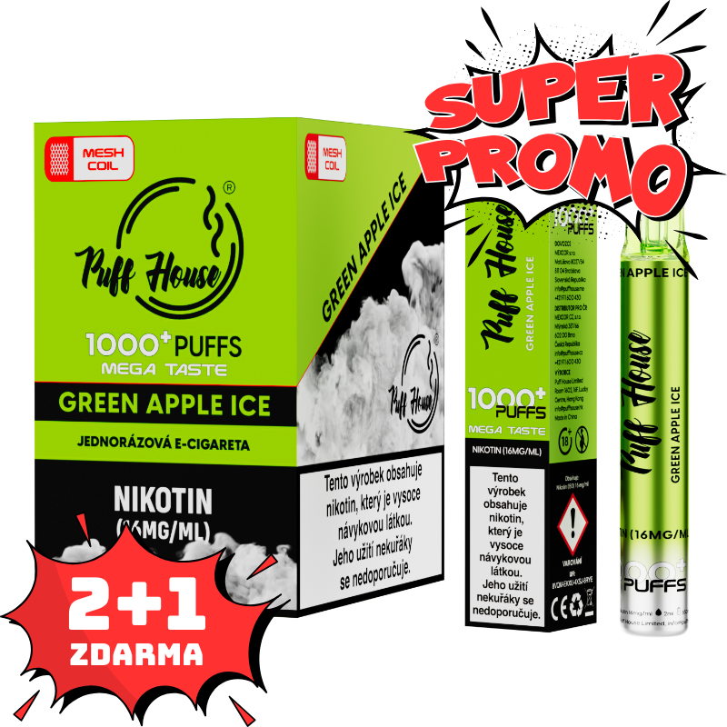 Jednorázová e-cigareta Puff House 1000+ potáhnutí, Green Apple Ice, 2+1 ZDARMA