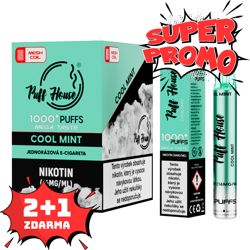Jednorazowy e-papieros Puff House, Cool Mint 1000 Puffs, 2+1 FREE
