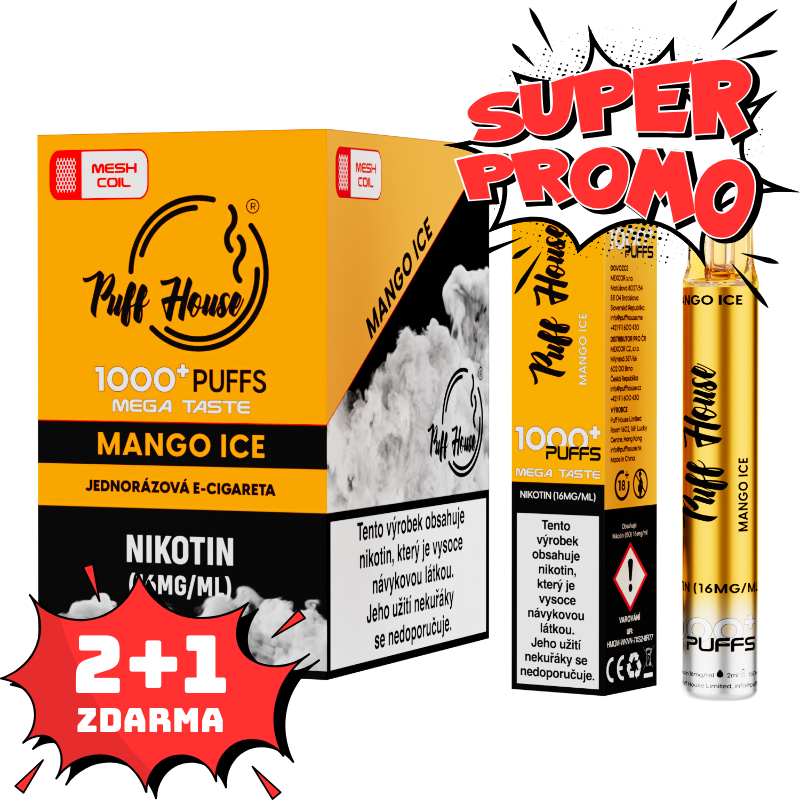 Disposable e-cigarette Puff House, Mango Ice 1000 Puffs, 2+1 FREE